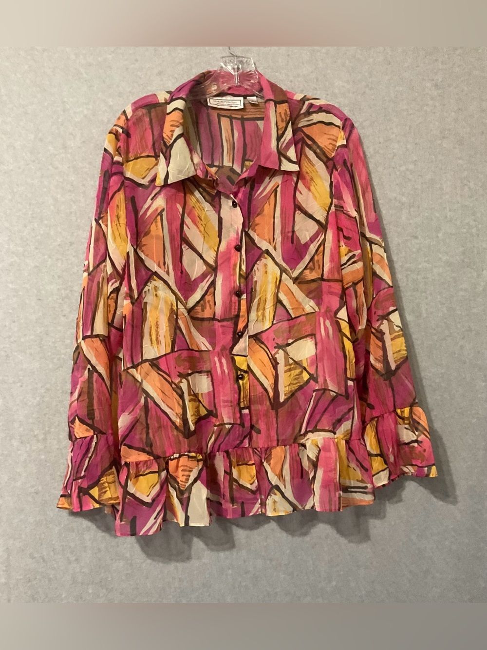 Simonton  SAys Vintage-Inspired Abstract Print Ruffle Hem Blouse - Pink SZ L